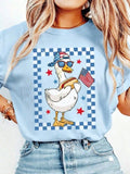 Women's Funny Duck With Hot Dog Graphic Tee, 4th Of July American Flag Print Light Blue T-Shirt