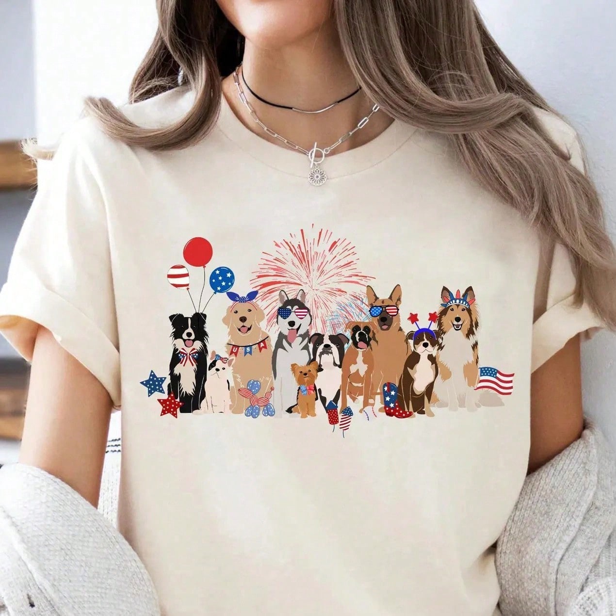 Patriotic Dogs Fireworks American Flag Print Women T-Shirt For 4th Of July Celebration - Loose Style Casual Crew Neck Top