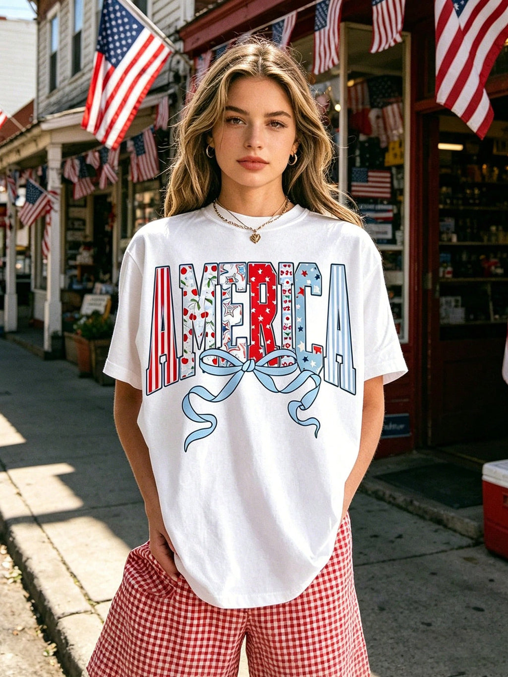 This Short-Sleeved Crew Neck Casual Top Features An Independence Day Themed Image And A Retro American Flag Print, Perfect For Spring And Summer. (Women's T-Shirt)
