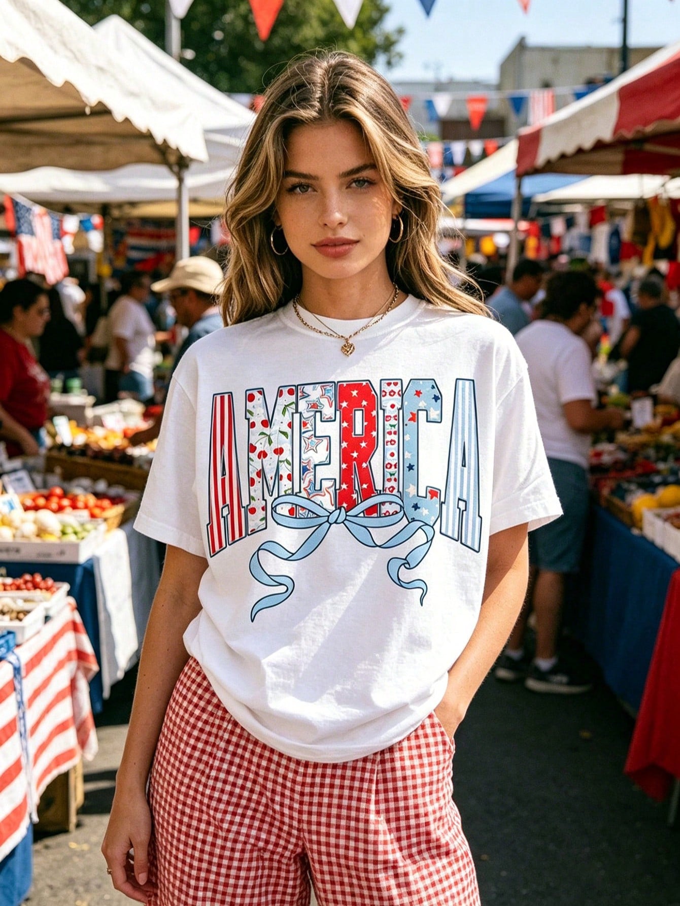 This Short-Sleeved Crew Neck Casual Top Features An Independence Day Themed Image And A Retro American Flag Print, Perfect For Spring And Summer. (Women's T-Shirt)