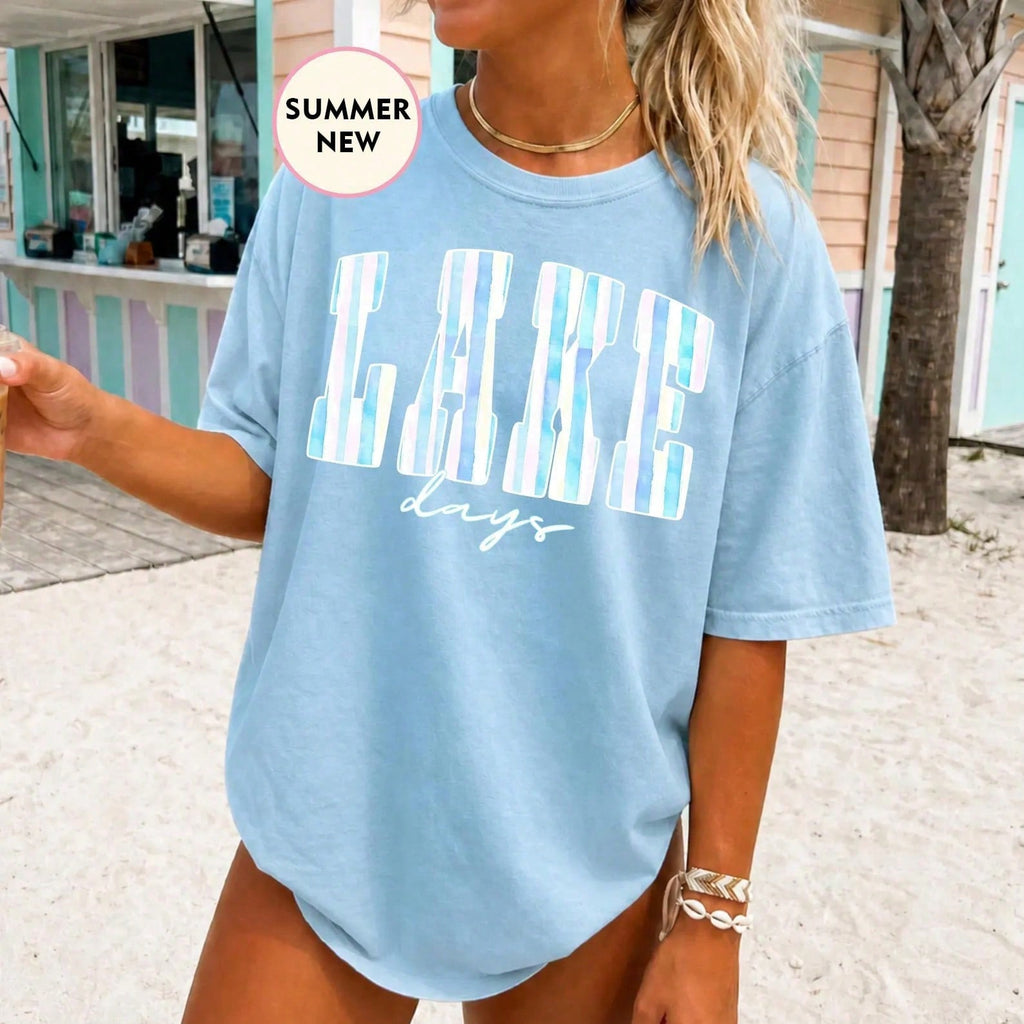 Preppy Summer Shirt Lake Days Letter Graphics Tee - Summer Beach Vacation Casual T-Shirt For Women