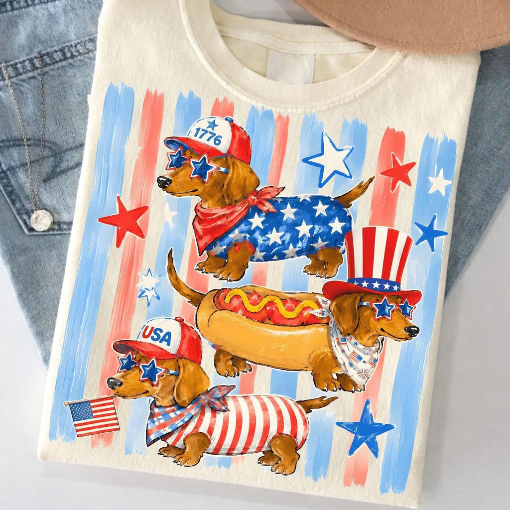 Patriotic Dachshund Wiener Dogs Graphic Tee, 4th Of July Uncle Sam Costume T-Shirt For Pet Lovers, Summer Loose Fit Casual Wear Vacation Outfit Women