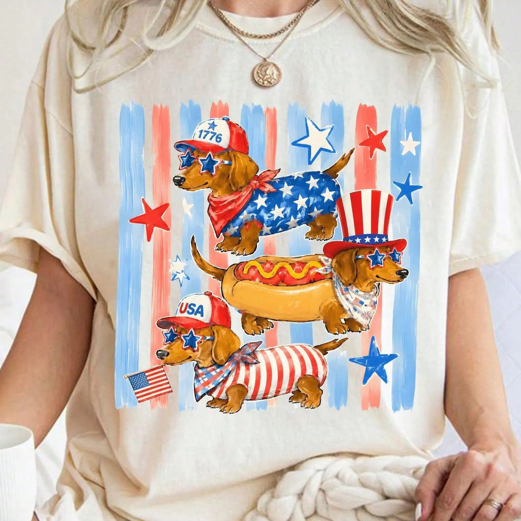 Patriotic Dachshund Wiener Dogs Graphic Tee, 4th Of July Uncle Sam Costume T-Shirt For Pet Lovers, Summer Loose Fit Casual Wear Vacation Outfit Women