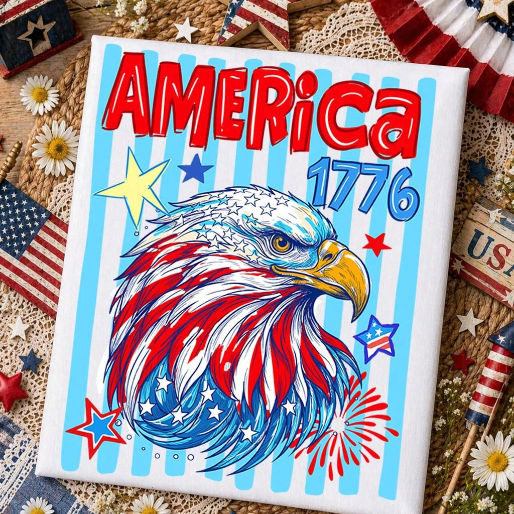 Patriotic Eagle Head America 1776 Tee - Summer 4th Of July Festive Casual T-Shirt For Women Fourth Of July Outfits Women Vacation Outfit Women