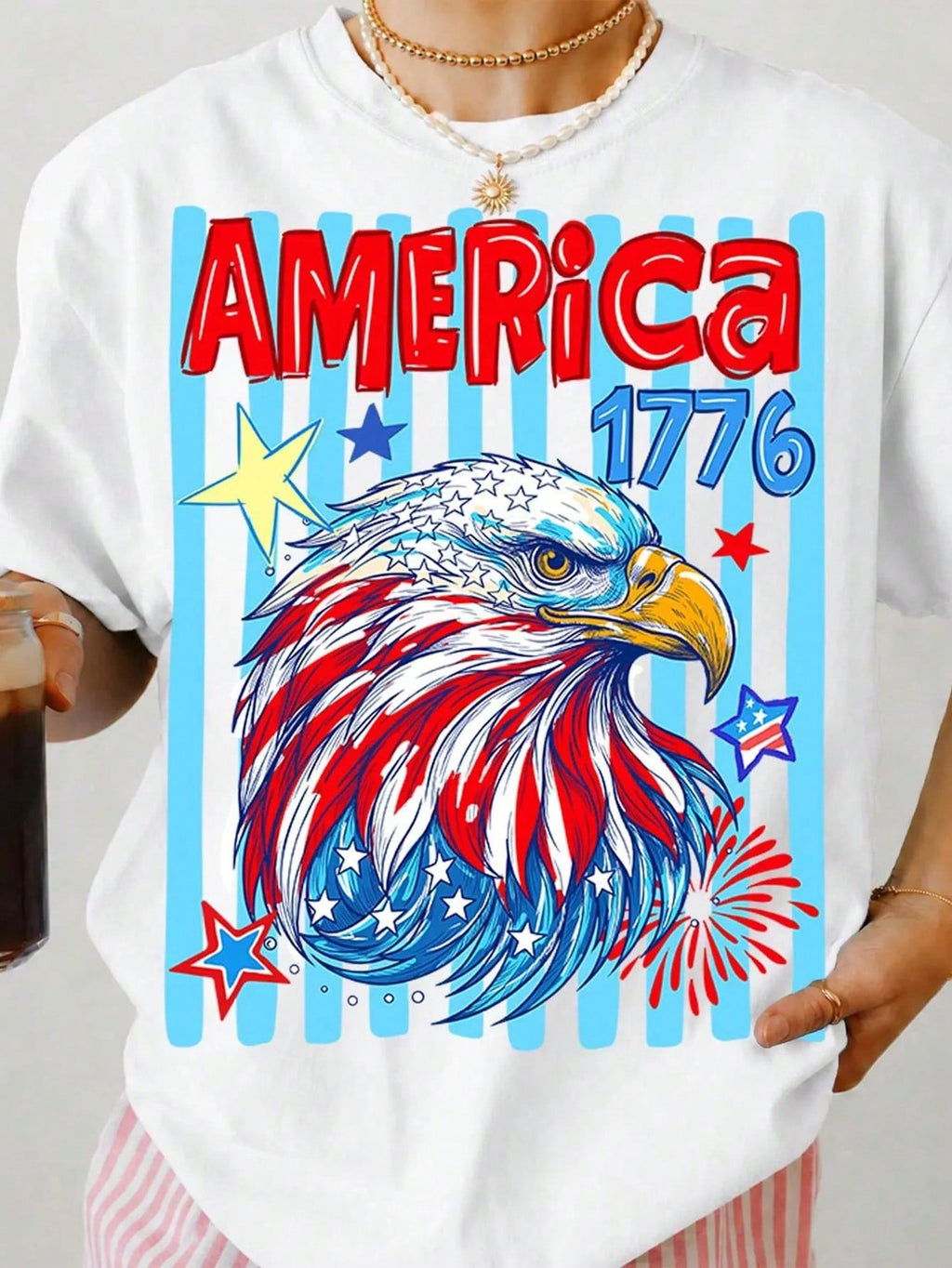 Patriotic Eagle Head America 1776 Tee - Summer 4th Of July Festive Casual T-Shirt For Women Fourth Of July Outfits Women Vacation Outfit Women