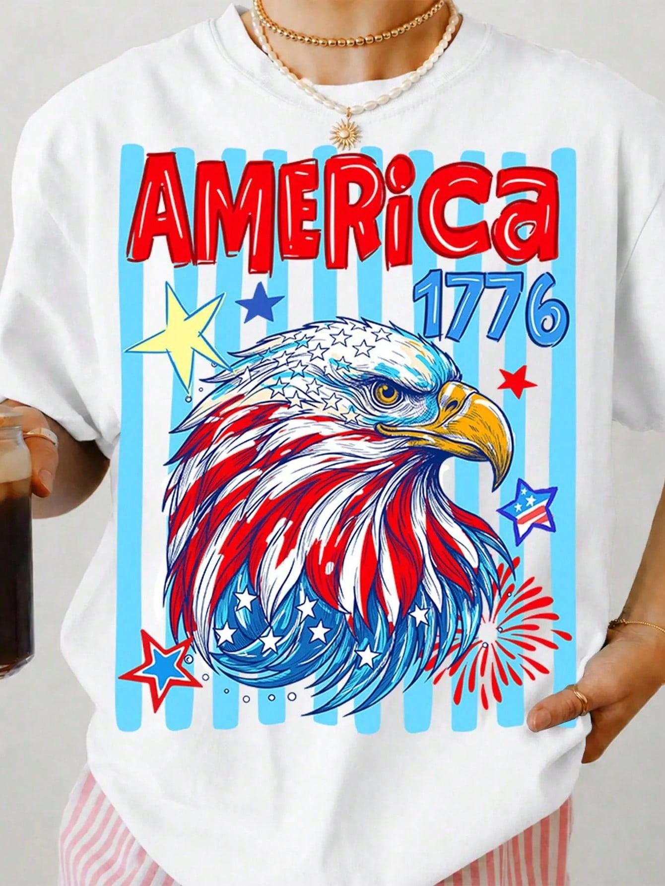 Patriotic Eagle Head America 1776 Tee - Summer 4th Of July Festive Casual T-Shirt For Women Fourth Of July Outfits Women Vacation Outfit Women