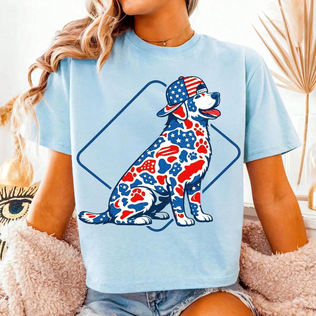 Preppy Camo Labrador 4th Of July Patriotic Dog Hunting Graphic T-Shirt Summer 4th Of July Casual Holiday T-Shirt For Women