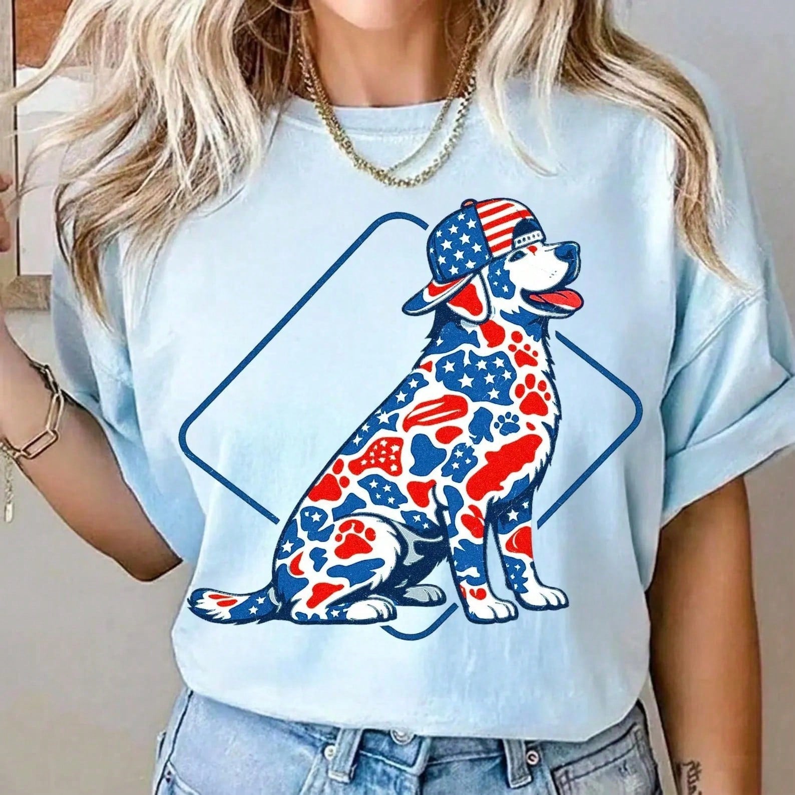 Preppy Camo Labrador 4th Of July Patriotic Dog Hunting Graphic T-Shirt Summer 4th Of July Casual Holiday T-Shirt For Women