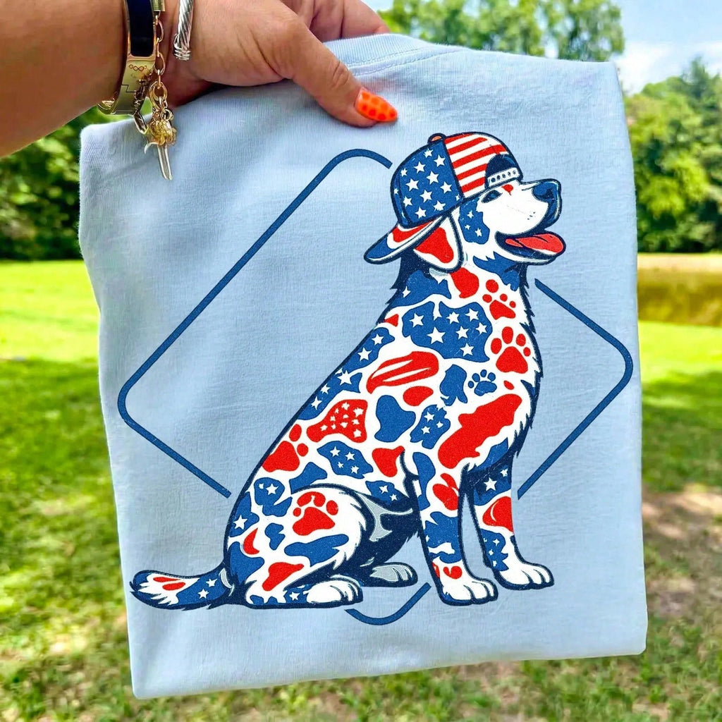 Preppy Camo Labrador 4th Of July Patriotic Dog Hunting Graphic T-Shirt Summer 4th Of July Casual Holiday T-Shirt For Women