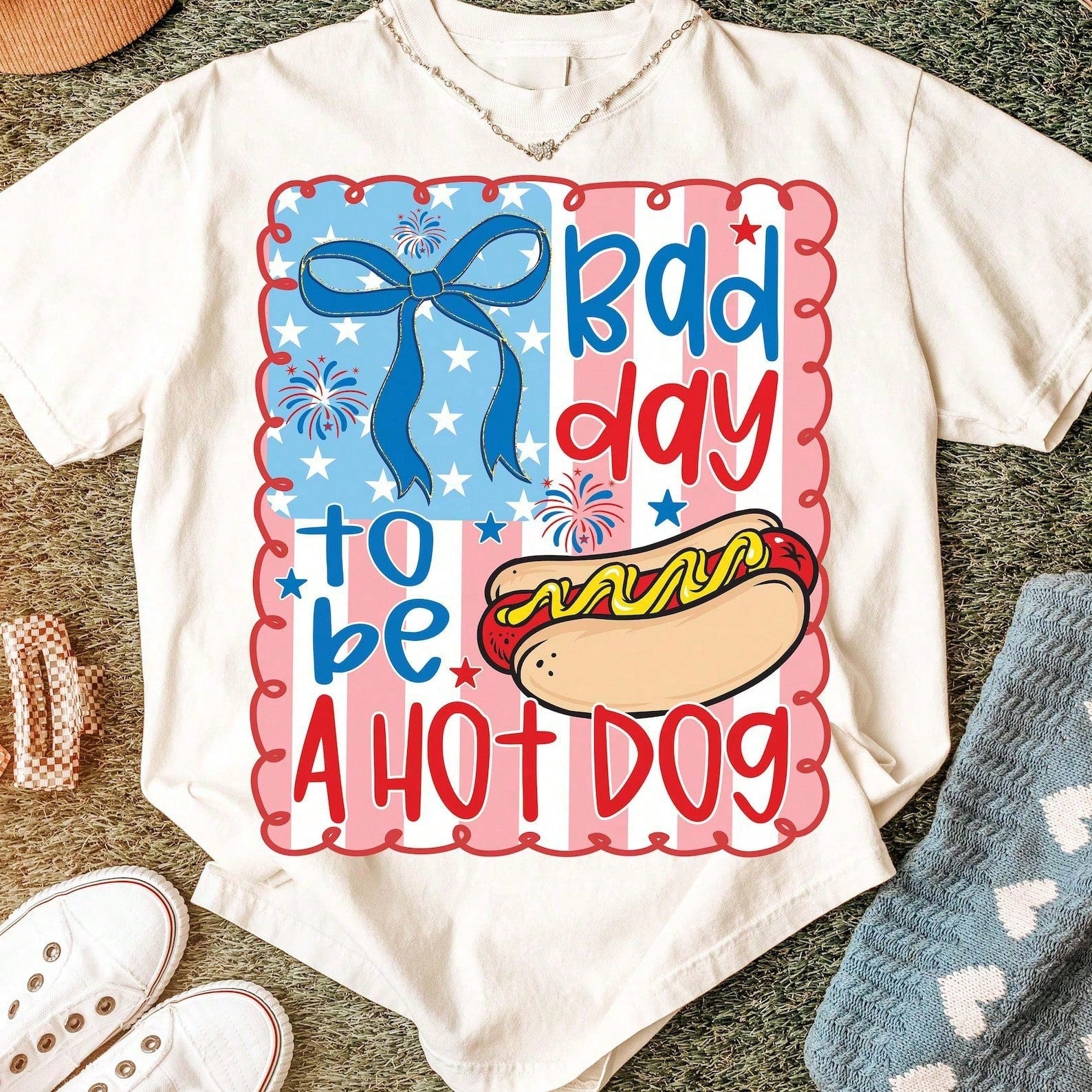 Fourth Of July Outfits Women Hot Dog Flag Print Tee Patriotic 4th Of July Casual Summer T-Shirt For Women