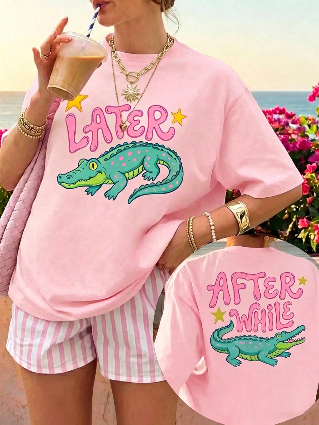 Women's Fun Crocodile Graphic Tee See You Later After A While Letter Print T-Shirt Short Sleeve Round Neck SummerTop Streetwear Aesthetic GraphicTee