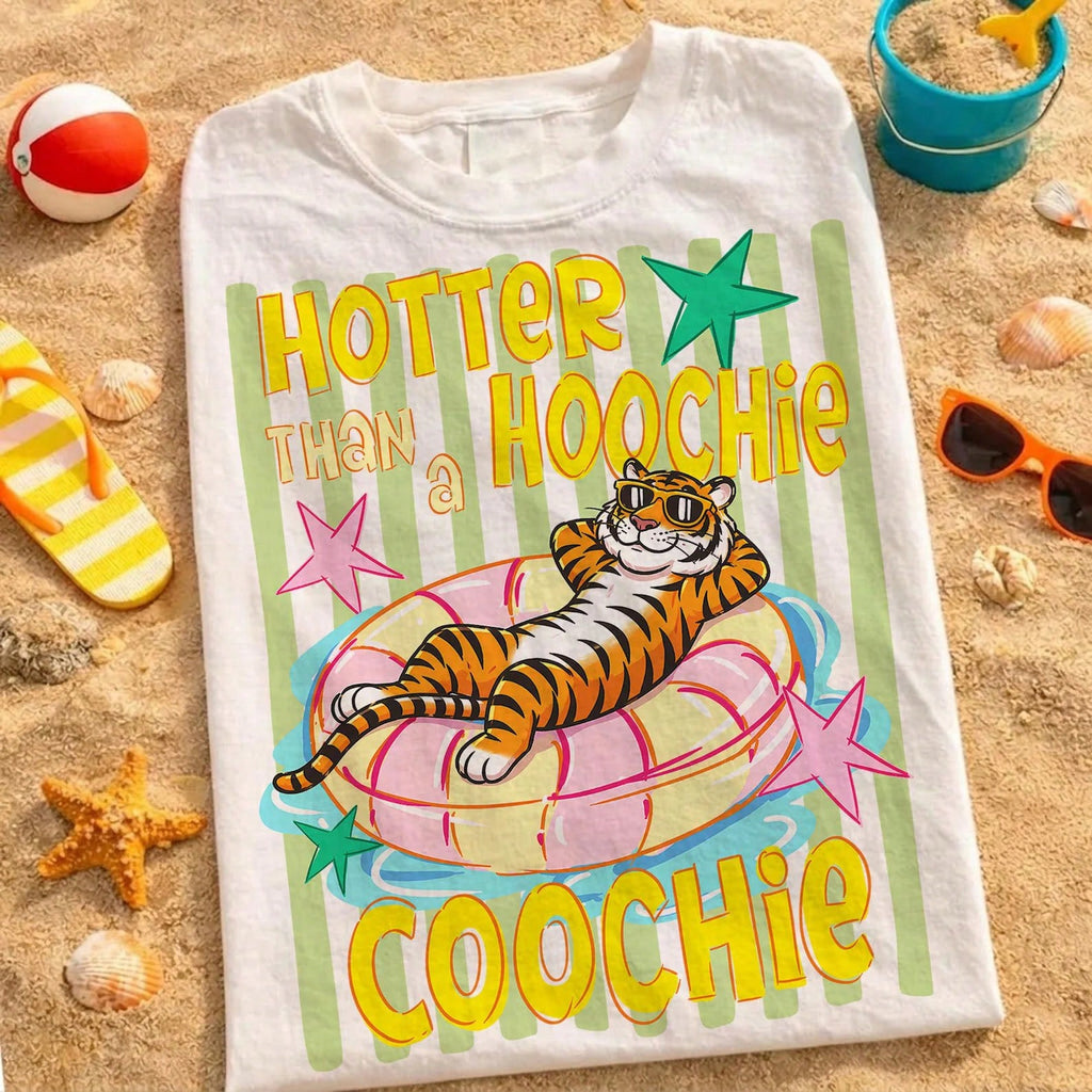 Vintage Summer Tiger Graphic Tee Hotter Than A Country Music Meme Print T-Shirt Beach Pool Swim Float Casual Vacation Tops Clothing