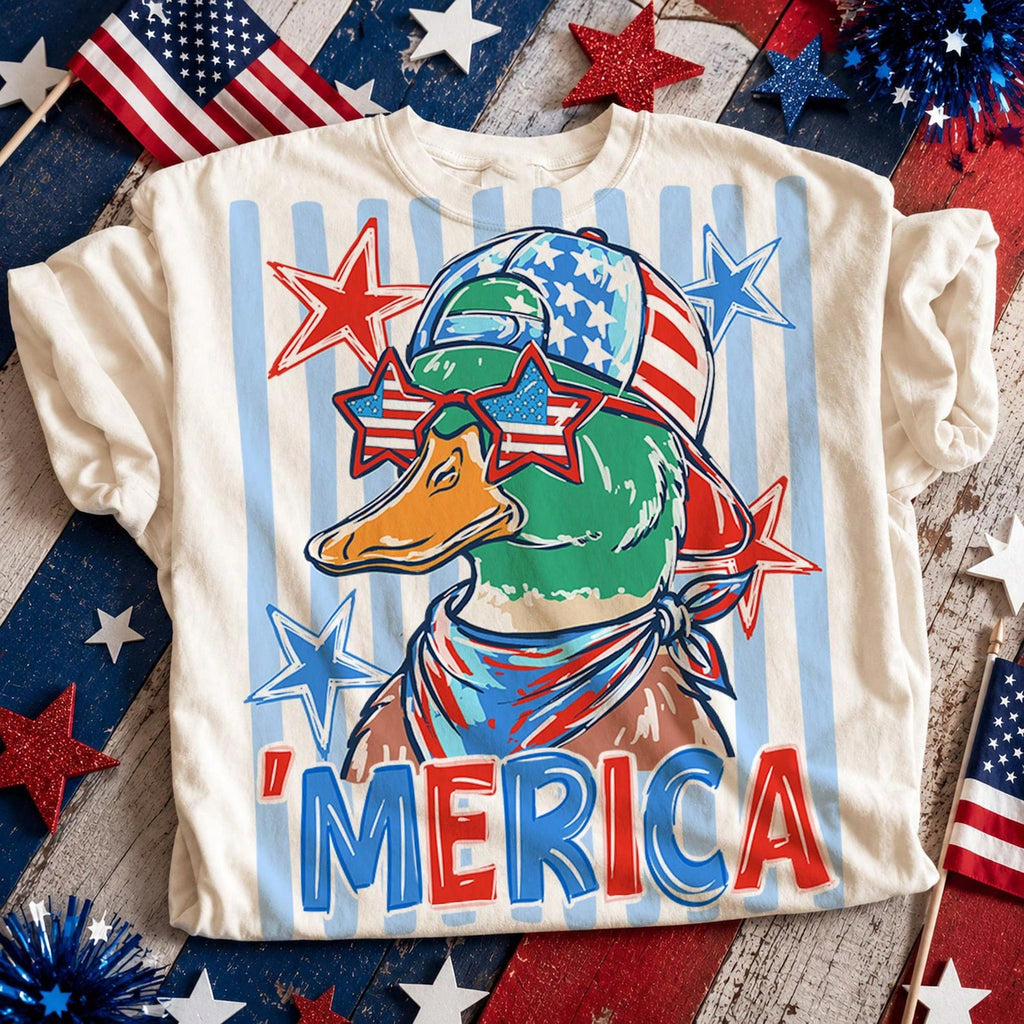 Patriotic Merica Duck Graphic Tee Fourth Of July USA Flag Sunglasses Star Pattern Print T-Shirt Independence Day Western Country Casual Top Women