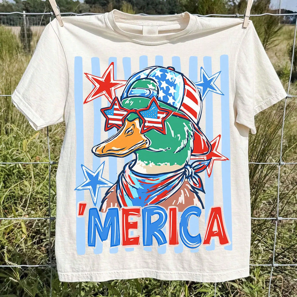 Patriotic Merica Duck Graphic Tee Fourth Of July USA Flag Sunglasses Star Pattern Print T-Shirt Independence Day Western Country Casual Top Women