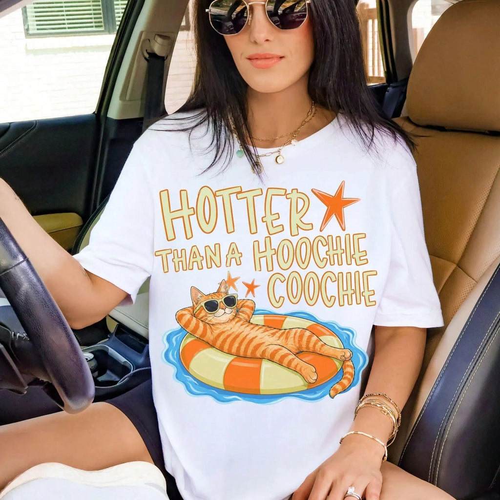Funny Ginger Cat Sunglasses Float Tee Hotter Than A Letter Print T-Shirt Summer Beach Sun Vacation Graphic Casual Top For Women