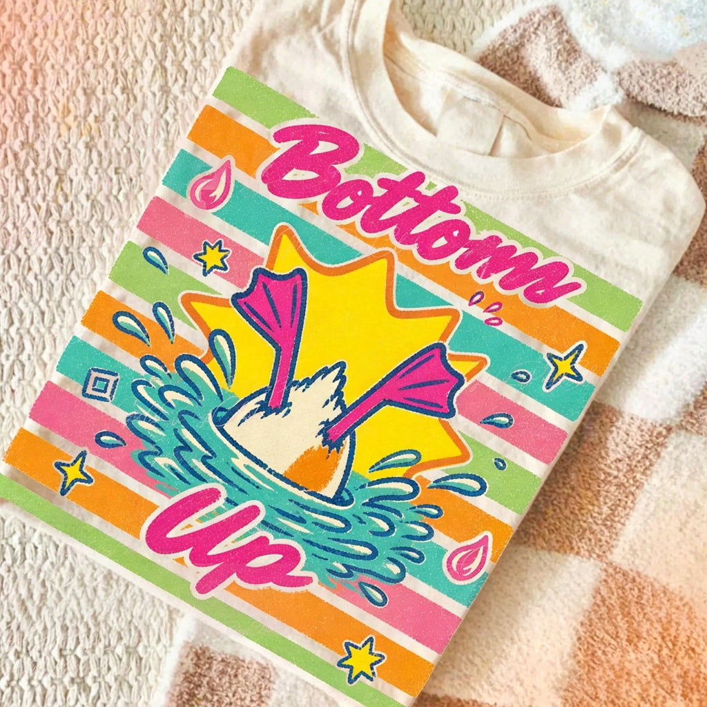 Funny Bottoms Up Duck Graphic Tee Women Retro Rainbow Stripe Print Short Sleeve Cream T-Shirt Cute Humor Graphic Casual Aesthetic Top