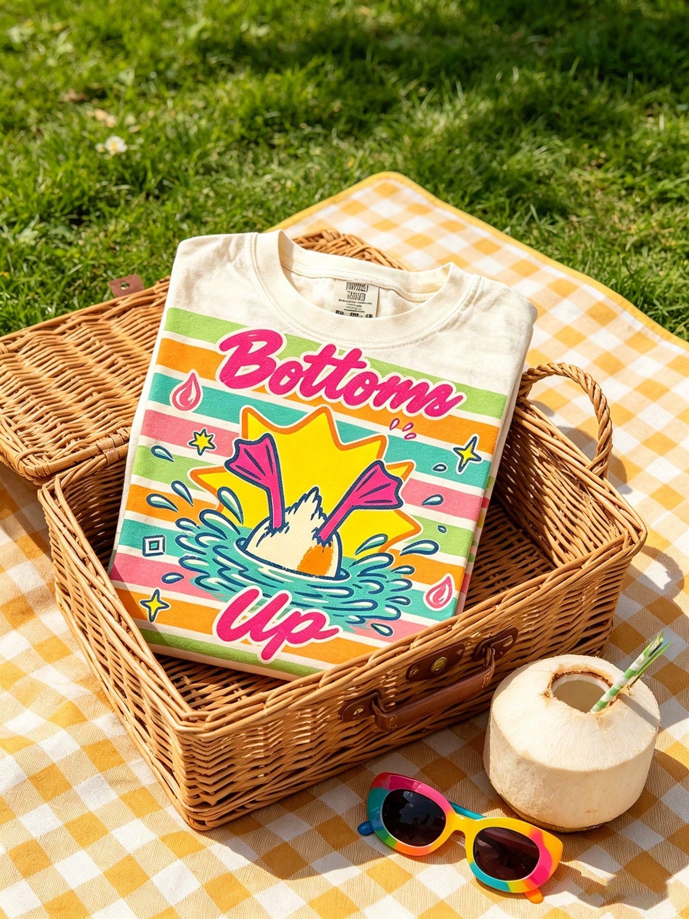 Funny Bottoms Up Duck Graphic Tee Women Retro Rainbow Stripe Print Short Sleeve Cream T-Shirt Cute Humor Graphic Casual Aesthetic Top