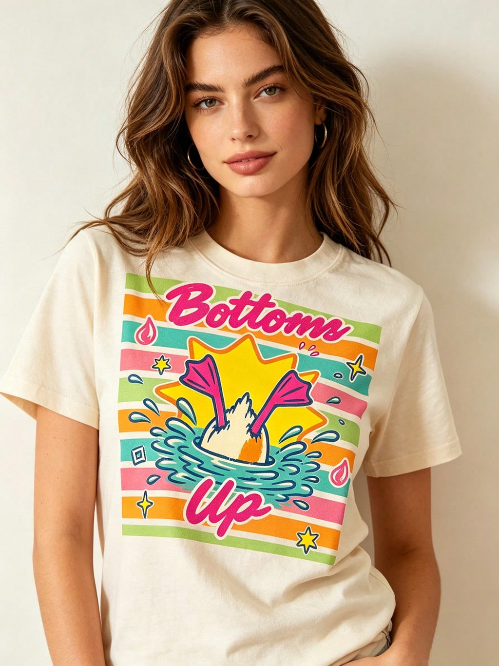 Funny Bottoms Up Duck Graphic Tee Women Retro Rainbow Stripe Print Short Sleeve Cream T-Shirt Cute Humor Graphic Casual Aesthetic Top