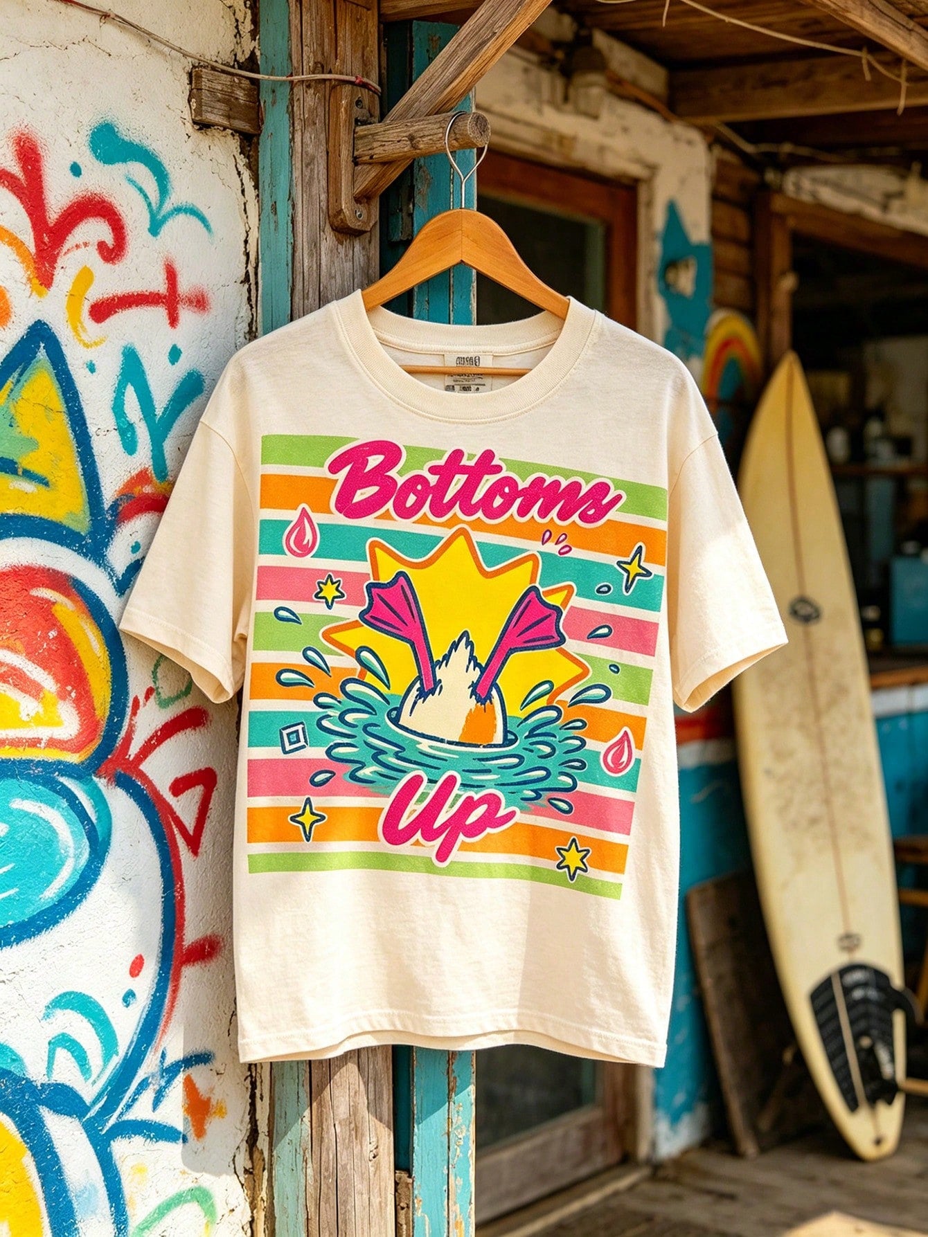 Funny Bottoms Up Duck Graphic Tee Women Retro Rainbow Stripe Print Short Sleeve Cream T-Shirt Cute Humor Graphic Casual Aesthetic Top