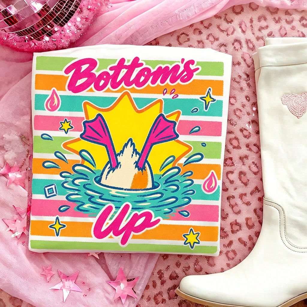 Funny Bottoms Up Duck Graphic Tee Women Retro Rainbow Stripe Print Short Sleeve Cream T-Shirt Cute Humor Graphic Casual Aesthetic Top