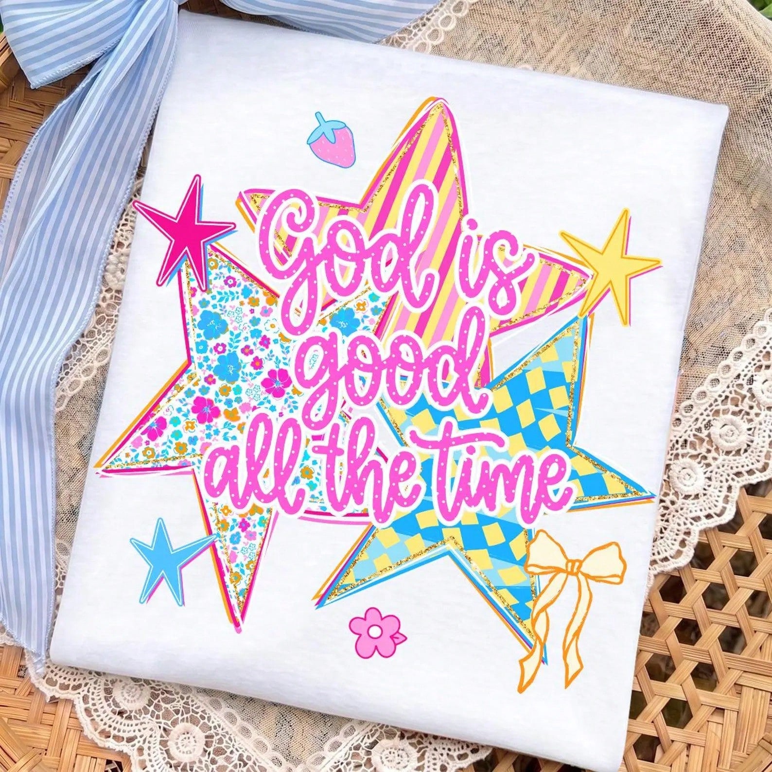 Cottagecore Daisy Field Star Graphic Tee Women God Is Good Faith Print Short Sleeve White T-Shirt Cute Summer Picnic Aesthetic Top