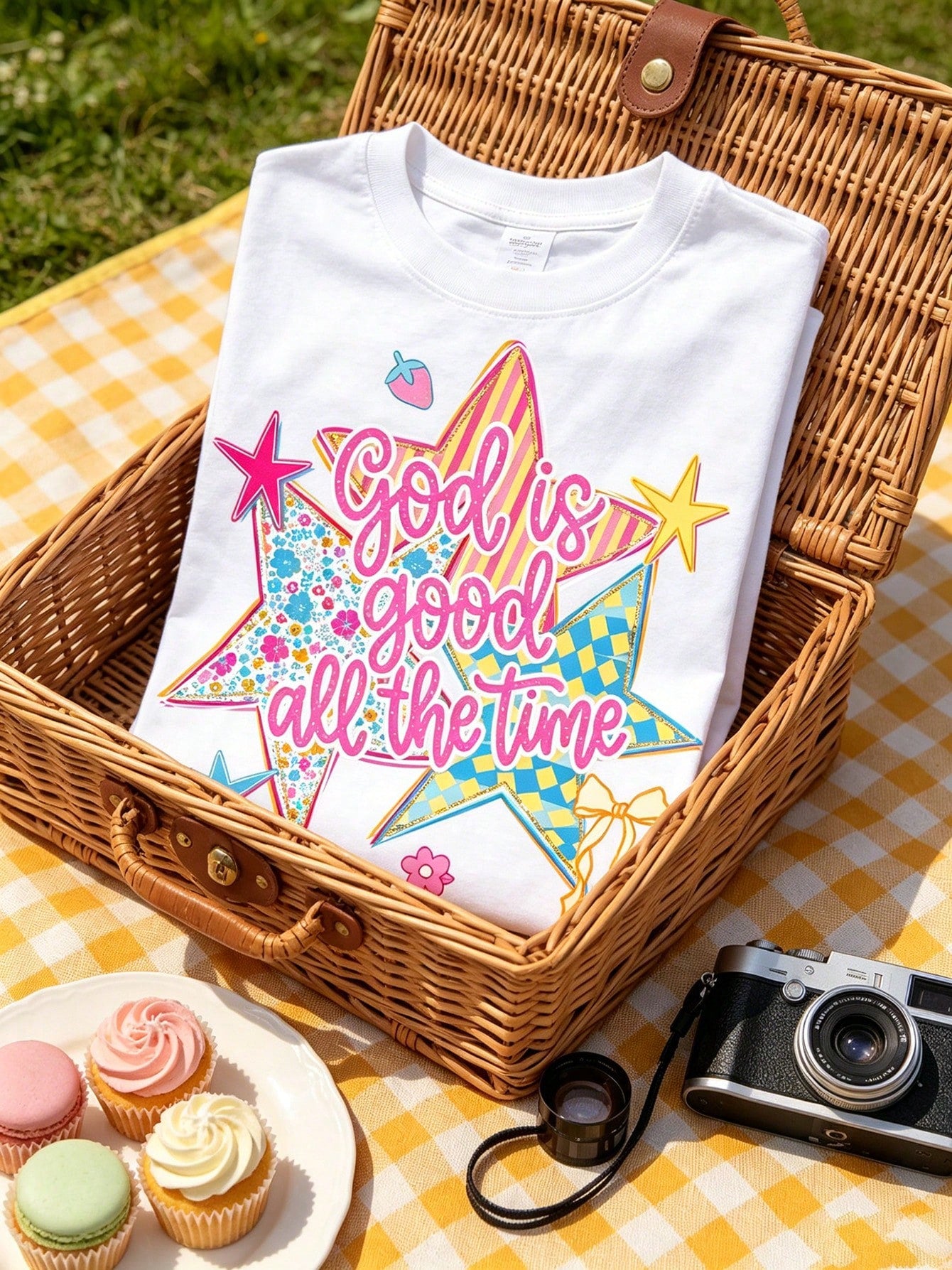 Cottagecore Daisy Field Star Graphic Tee Women God Is Good Faith Print Short Sleeve White T-Shirt Cute Summer Picnic Aesthetic Top