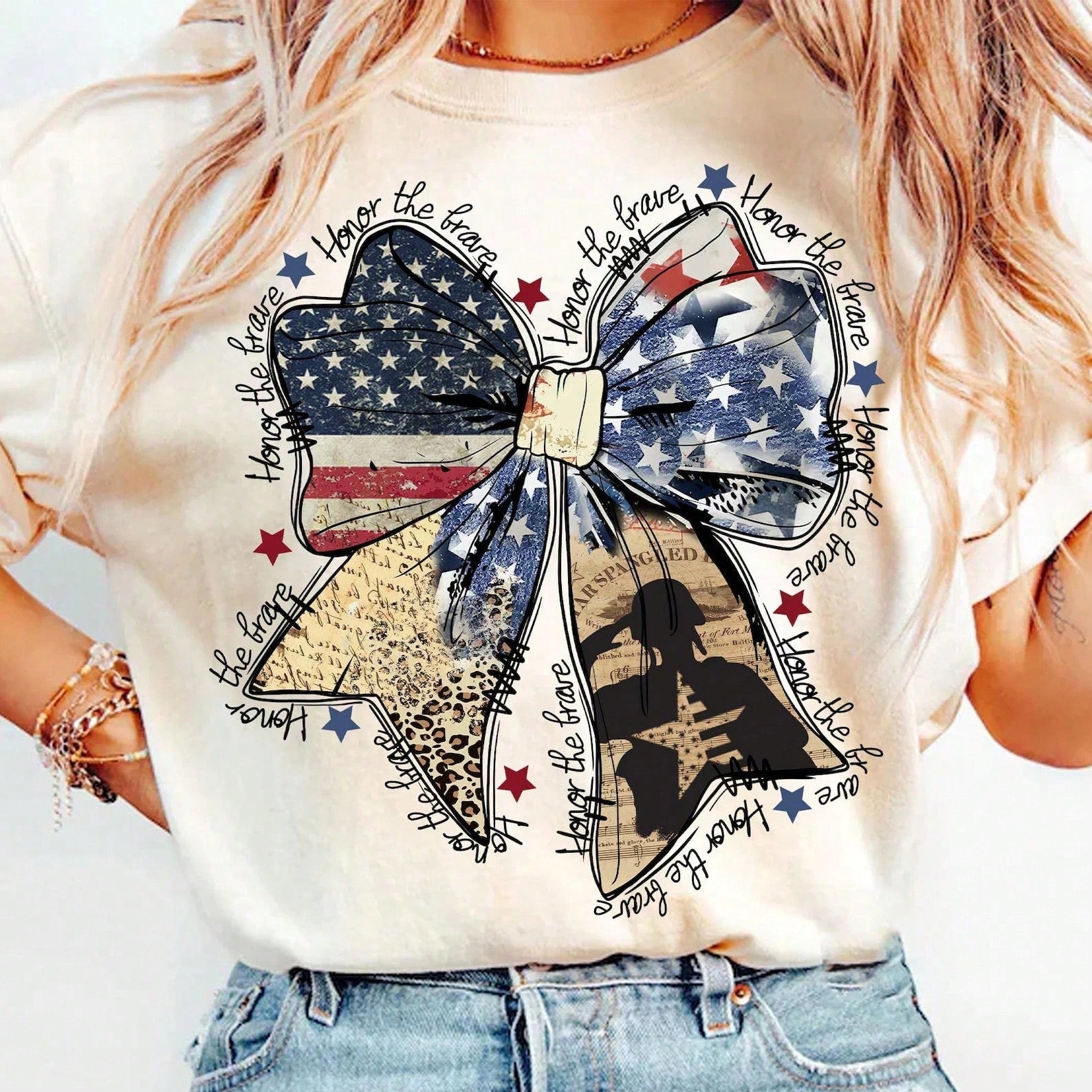 Honor The Brave Bow Graphic T Shirt 4th Of July Patriotic American Flag Top Veterans Day Remembrance Summer Loose Fit Vacation Tee WomenCasualClothing