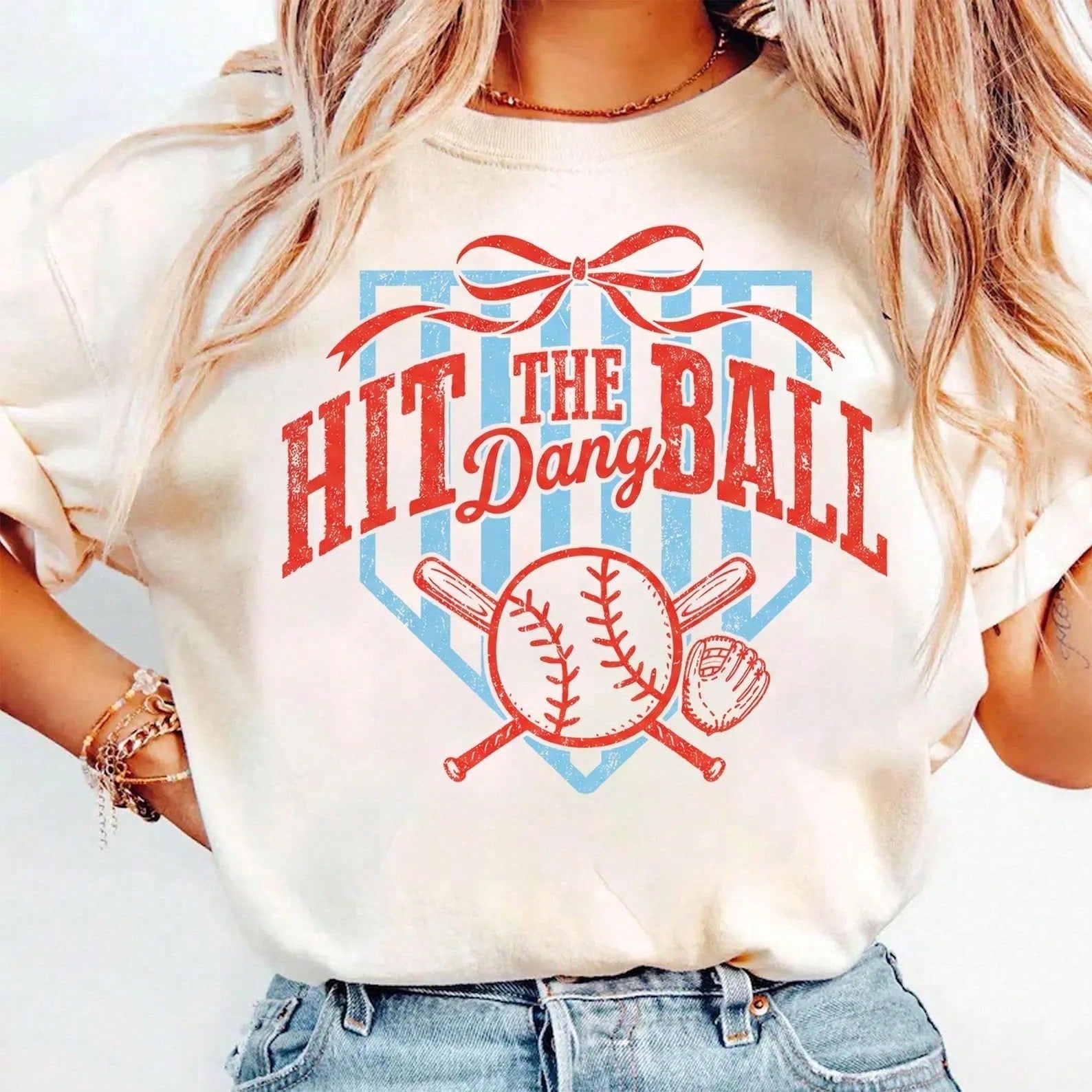 Women Retro Baseball Graphic Tee Vintage Bow Ribbon Sports Letter Print T-Shirt Casual Drop Shoulder Summer Short Sleeve Loose Top