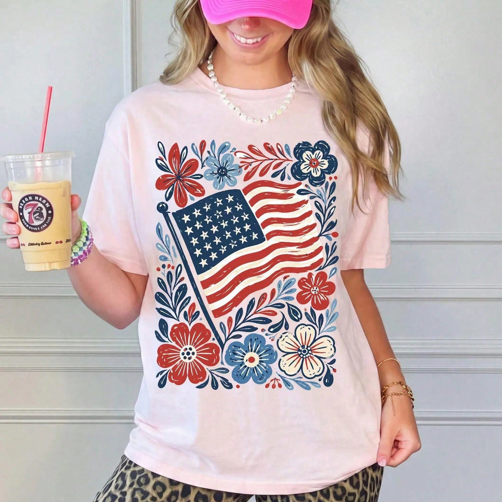 Women Americana US Flag Floral Print T-Shirt Patriotic Independence Day Graphic Tee Summer Vacation Casual Crewneck Loose Fit Top