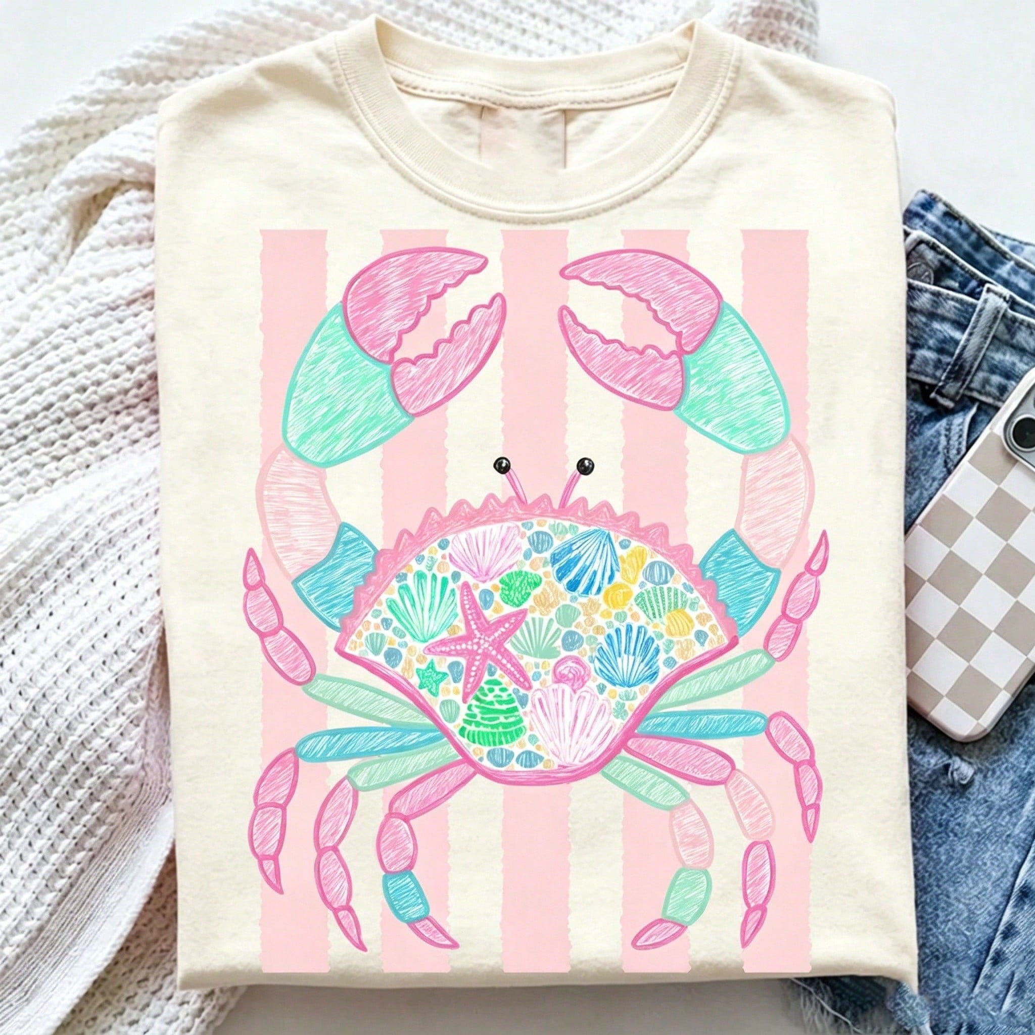 Women Cute Beach Crab Graphic Tee Pink Stripe Sea Shell Animal Print T-Shirt Aesthetic Coastal Vacation Summer Casual Loose Fit Top