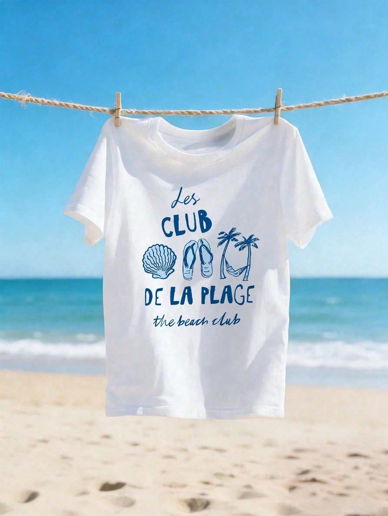 French Riviera Beach Club Graphic Tee Blue Coastal Shell Summer Short Sleeve T-Shirt Mediterranean Vacation Aesthetic Top
