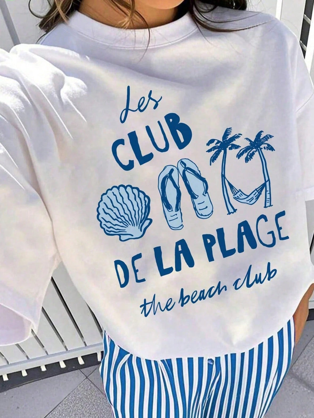 French Riviera Beach Club Graphic Tee Blue Coastal Shell Summer Short Sleeve T-Shirt Mediterranean Vacation Aesthetic Top