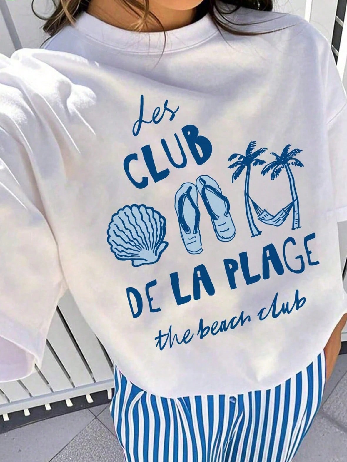 French Riviera Beach Club Graphic Tee Blue Coastal Shell Summer Short Sleeve T-Shirt Mediterranean Vacation Aesthetic Top