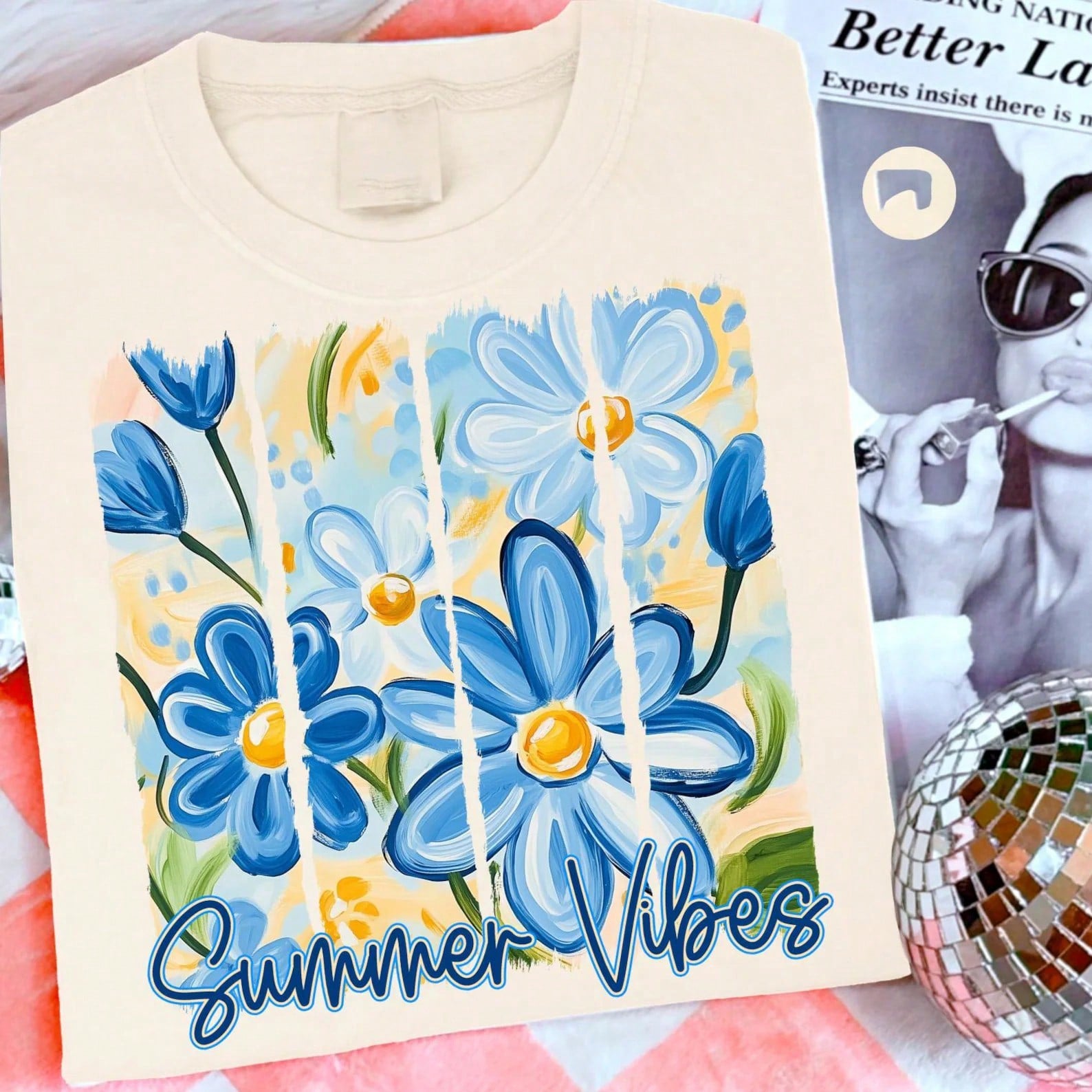 Summer Vibes Blue Daisy Flower Oil Painting Graphic Tee Vintage Aesthetic Floral Print Beach Vacation Casual Women T-Shirt