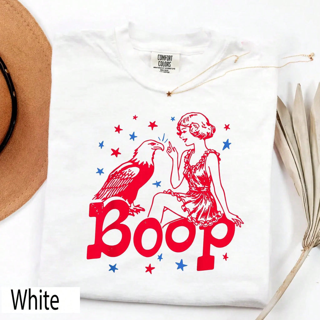 Vintage Boop Patriotic Eagle Graphic Tee 4th Of July Retro Americana Pin Up Girl Style Stars Print Cute Short Sleeve T-Shirt