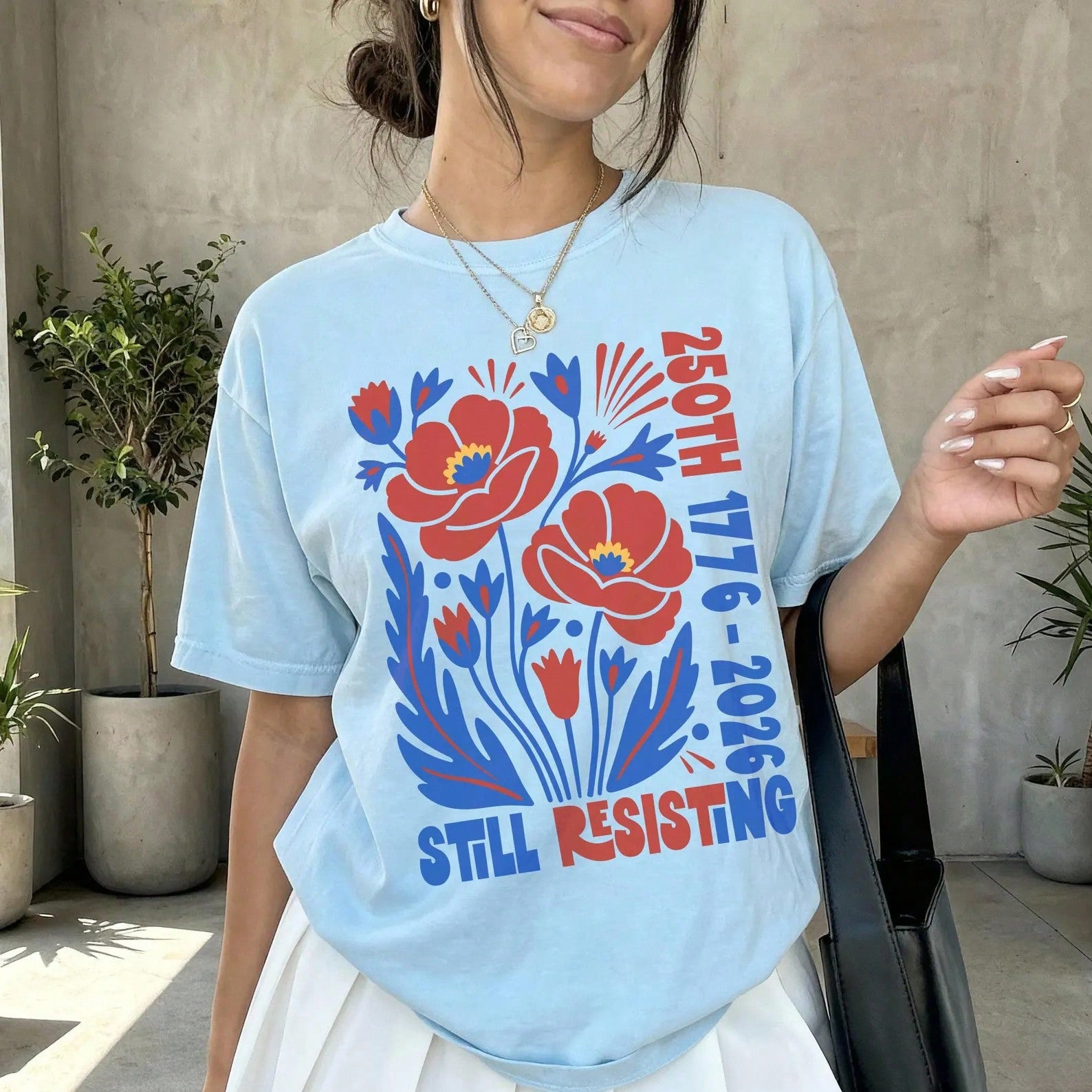 250th 1776 2026 Still Resisting Graphic Tee Retro Floral Print Fem Inist Empowerment Patriotic Short Sleeve Casual Summer Top