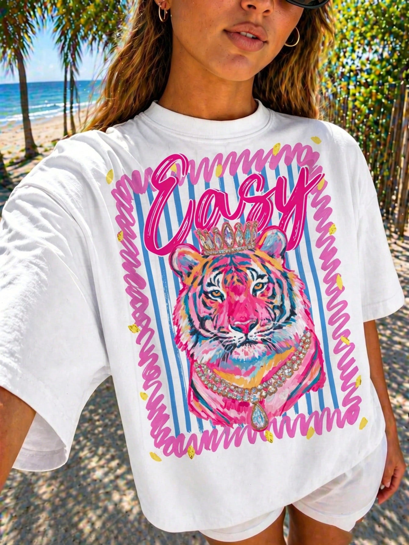 Preppy Style Tiger Print T-Shirt, Casual Crew Neck T-Shirt Ropa De Verano Mujer Y2k Clothes Streetwear