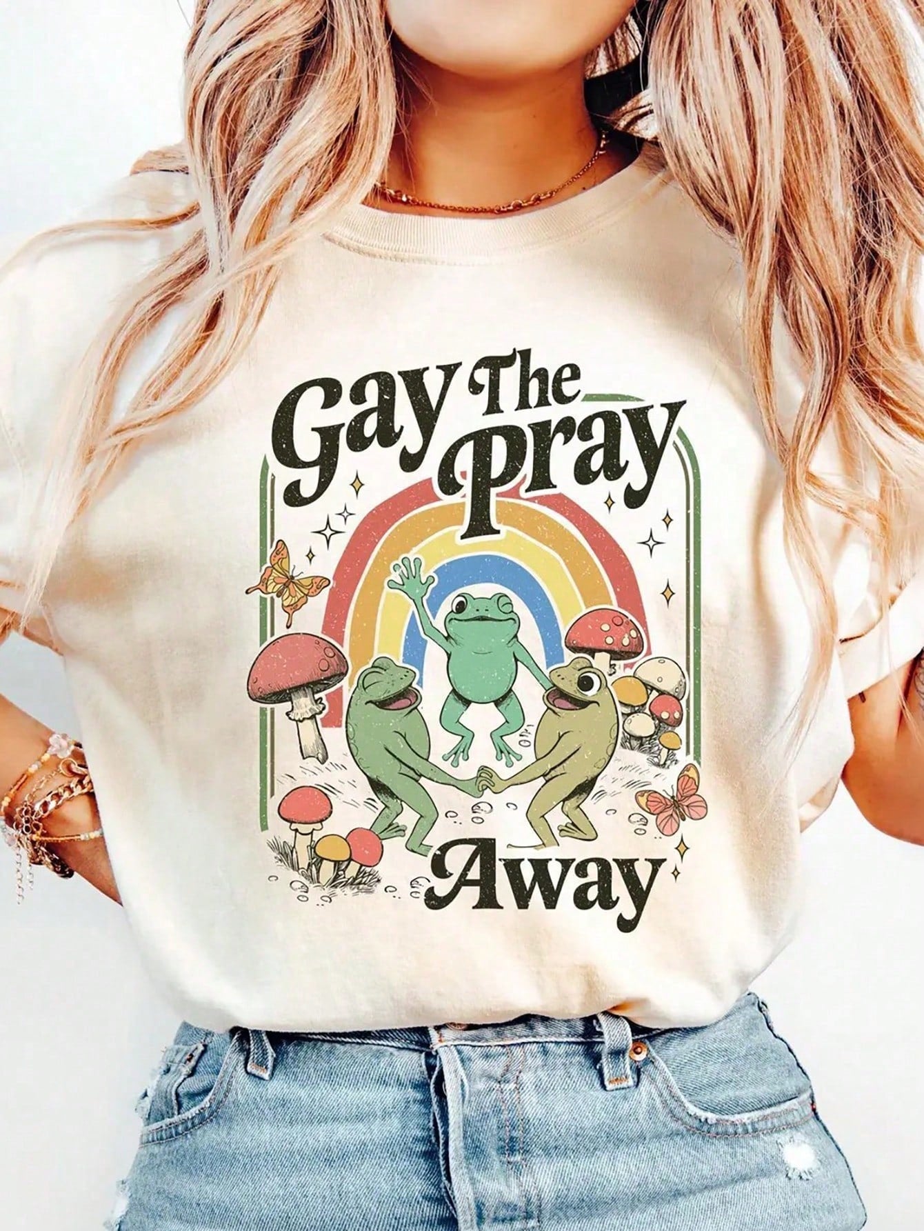 Gay The Pray Away Frog Graphic Tee Hippie Rainbow Mushroom LGBTQ Pride Month Loose Fit Summer Tops For Women Retro Aesthetic Short Sleeve Top