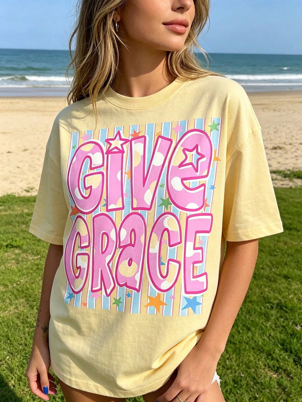 Give Grace Graphic Tee Retro Faith Blessing Quote Cute Star Pastel Stripes Loose Fit Summer Tops For Women T-Shirt