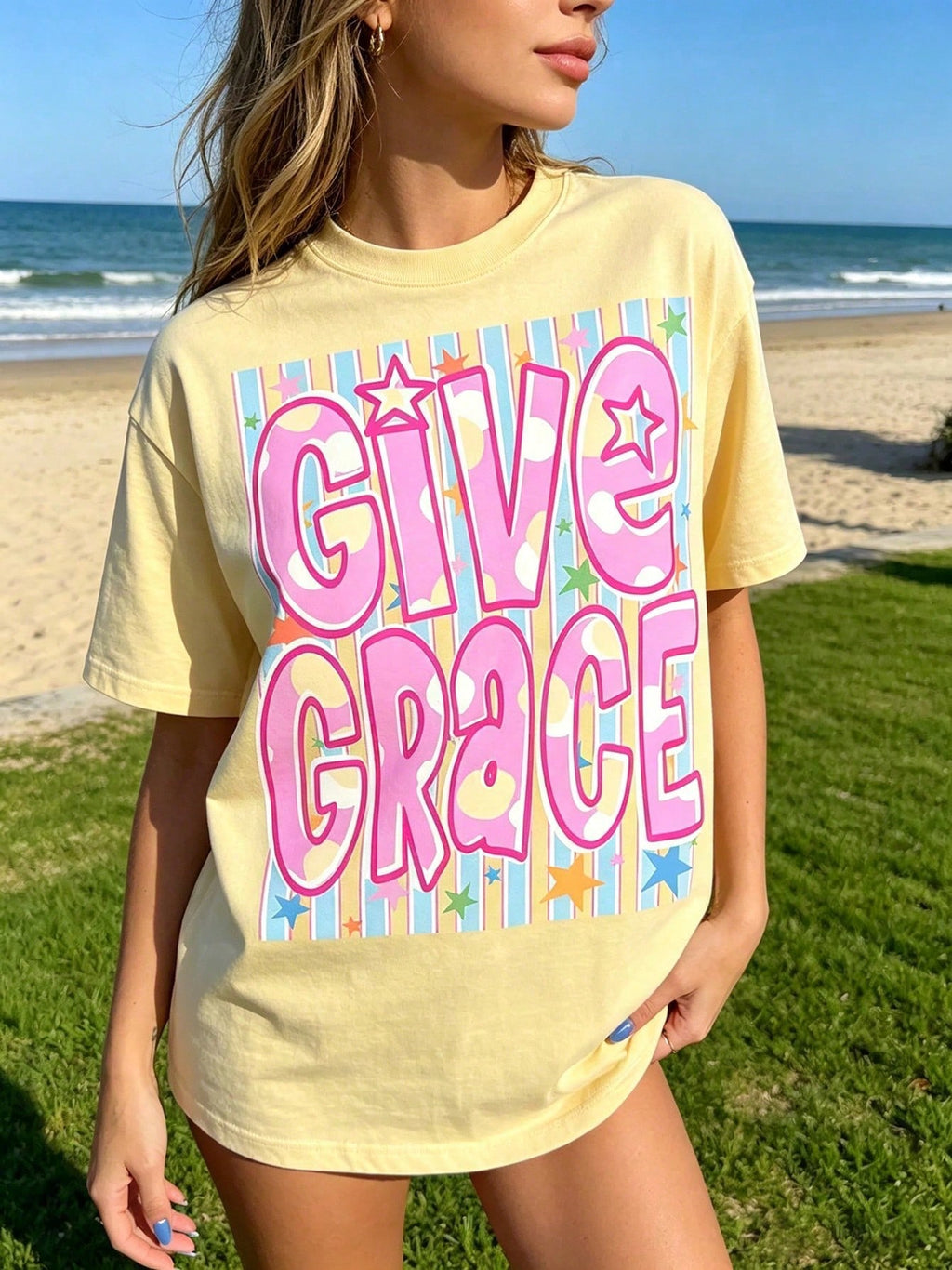 Give Grace Graphic Tee Retro Faith Blessing Quote Cute Star Pastel Stripes Loose Fit Summer Tops For Women T-Shirt