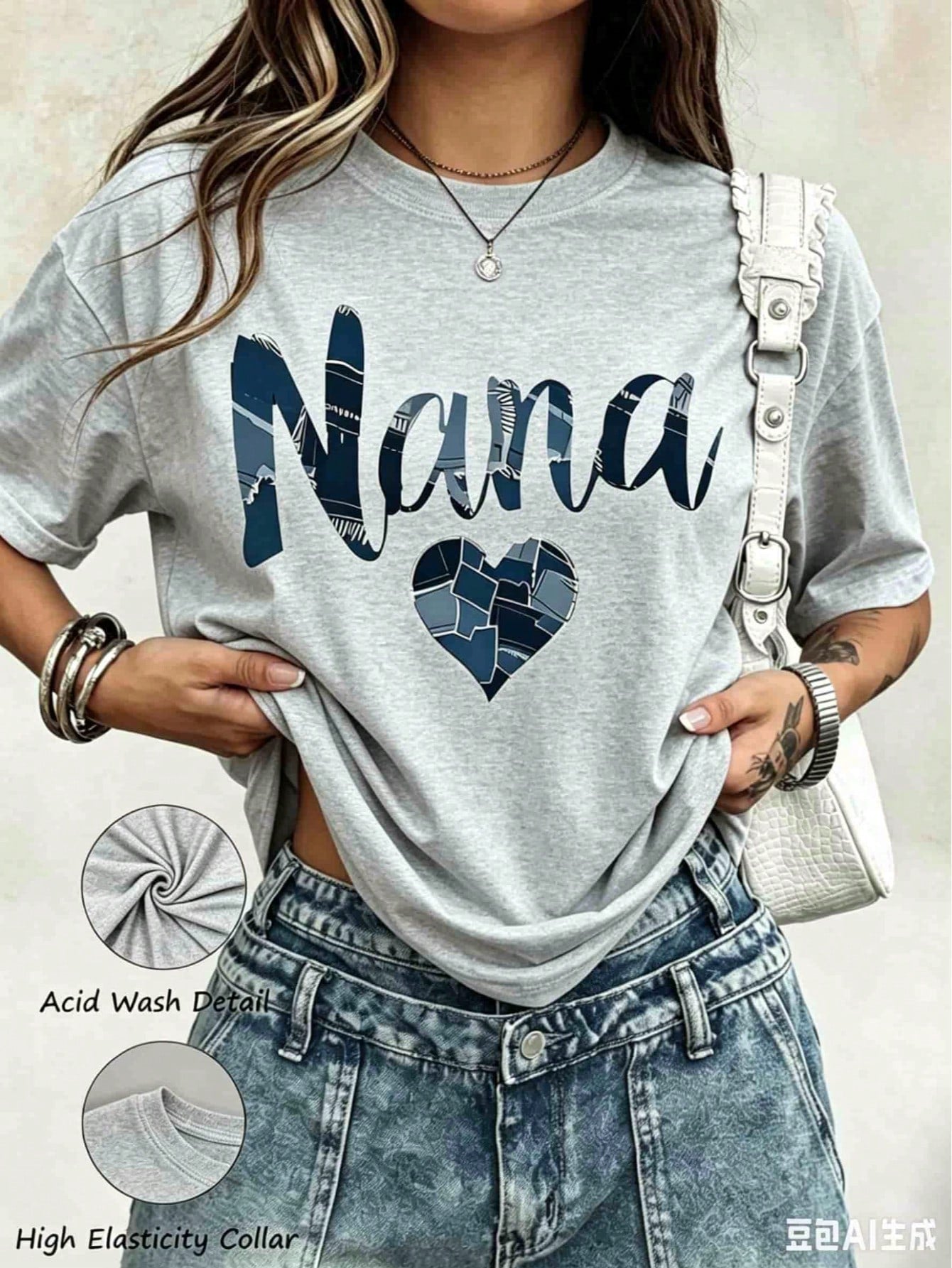 2026 Summer New Theme Nana Patchwork Heart Design T Shirt For Grandmother Gift Mother Day Birthday Present Women Casual, Casual Loose Short Sleeves