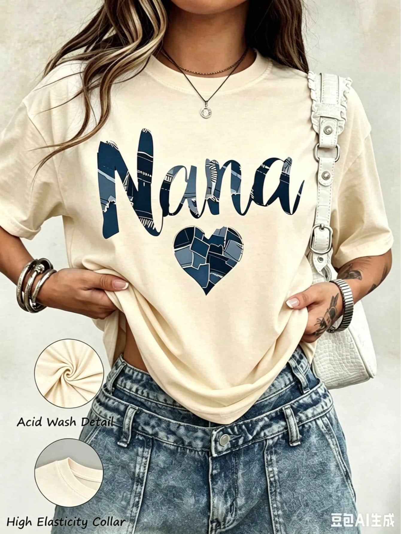 2026 Summer New Theme Nana Patchwork Heart Design T Shirt For Grandmother Gift Mother Day Birthday Present Women Casual, Casual Loose Short Sleeves
