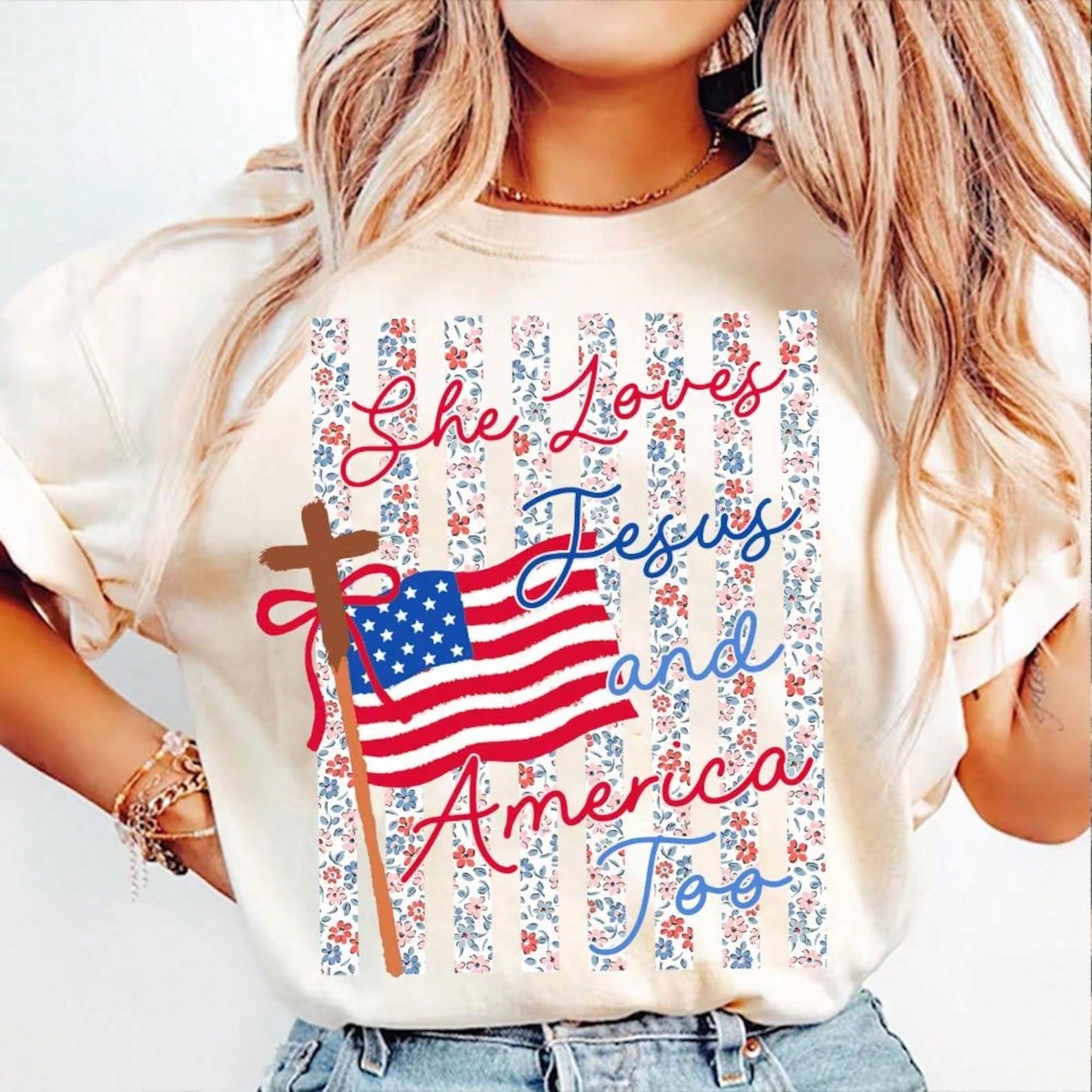 She Loves Jesus And America Too Graphic Tee Christian Cross Faith T-Shirt Patriotic 4th Of July Flower Flag Southern Country Girl Summer Tshirt