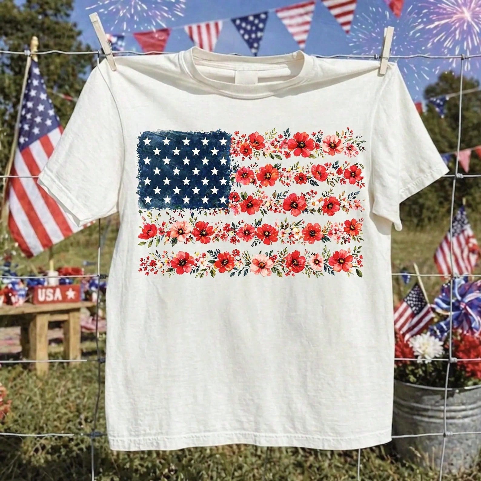 Floral American Flag Graphic Tee Cute Botanical Flower July 4th T-Shirt Patriotic Independence Day Casual Summer Tshirt Vintage Aesthetic Top
