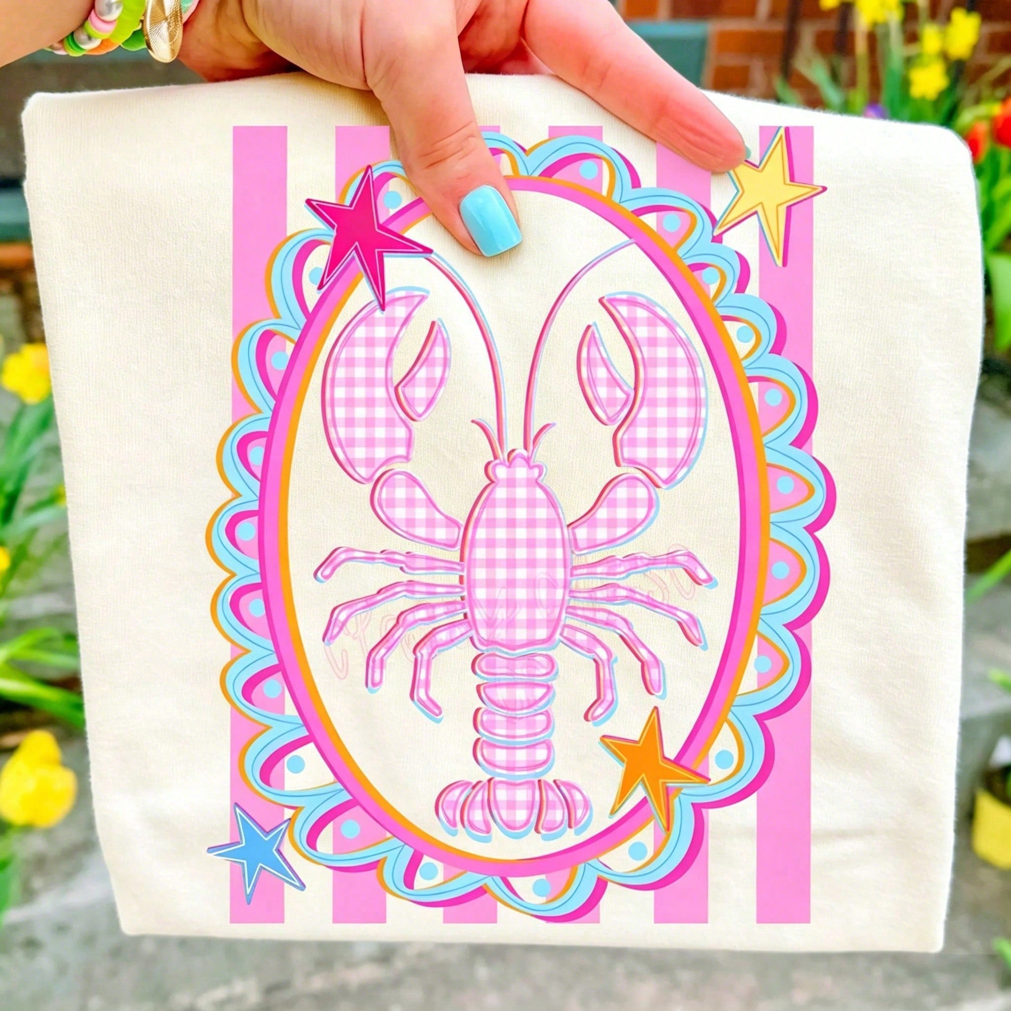 Pink Lobster Graphic Tee Coastal Granddaughter T-Shirt Retro Summer Beach Vacation Tshirt Cute Gingham Animal Graphic Top Aesthetic Clothes