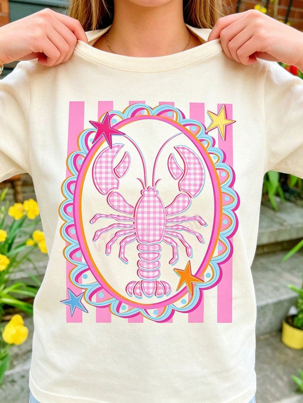 Pink Lobster Graphic Tee Coastal Granddaughter T-Shirt Retro Summer Beach Vacation Tshirt Cute Gingham Animal Graphic Top Aesthetic Clothes