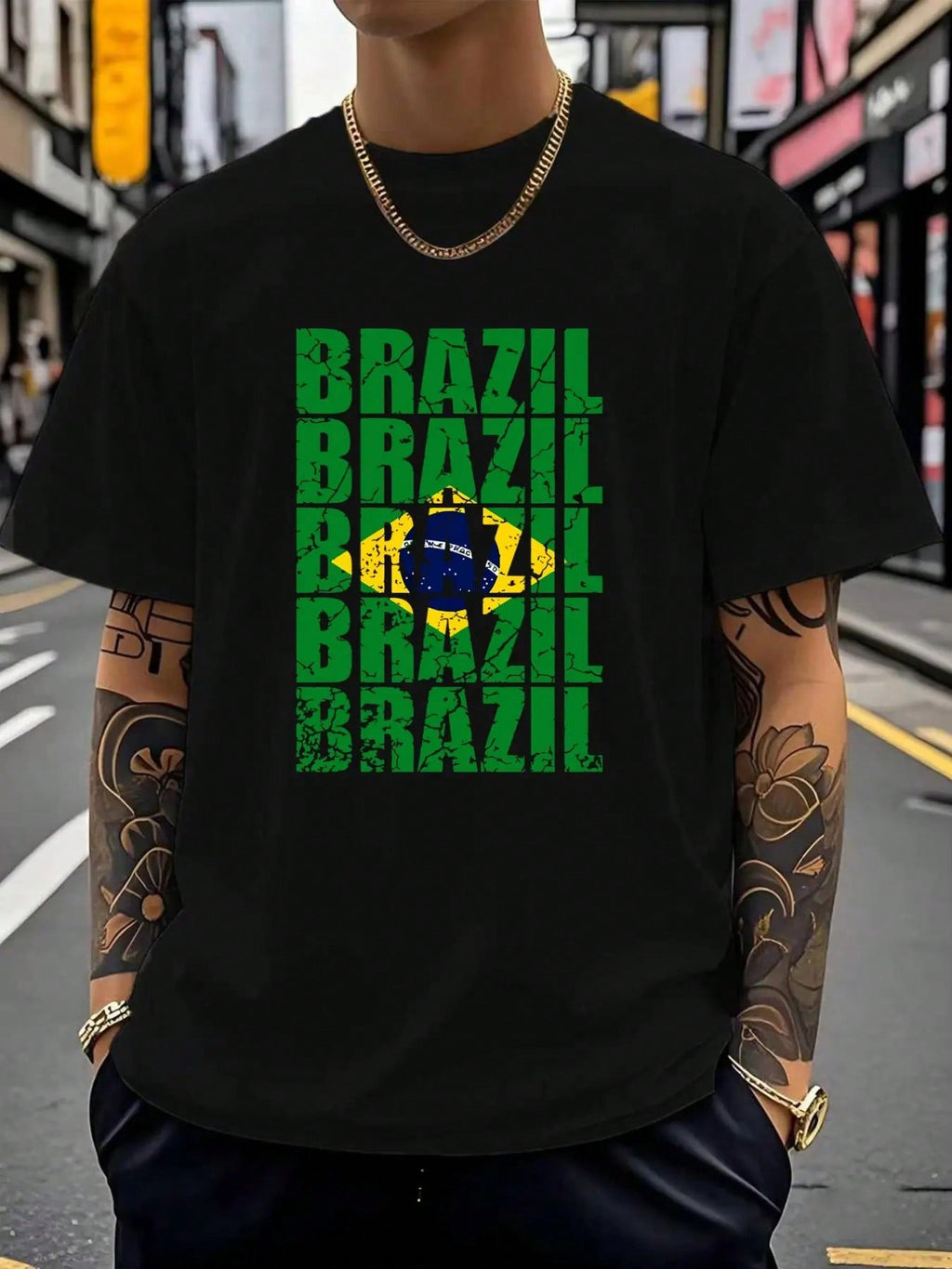 Brazil Flag Letter Print Short Sleeve Men's Loose Fit Casual T-Shirt, Summer Fashion Top For Brazil Fans, Comfortable And Stylish