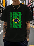 Brazil Flag Letter Print Short Sleeve Men's Loose Fit Casual T-Shirt, Summer Fashion Top For Brazil Fans, Comfortable And Stylish
