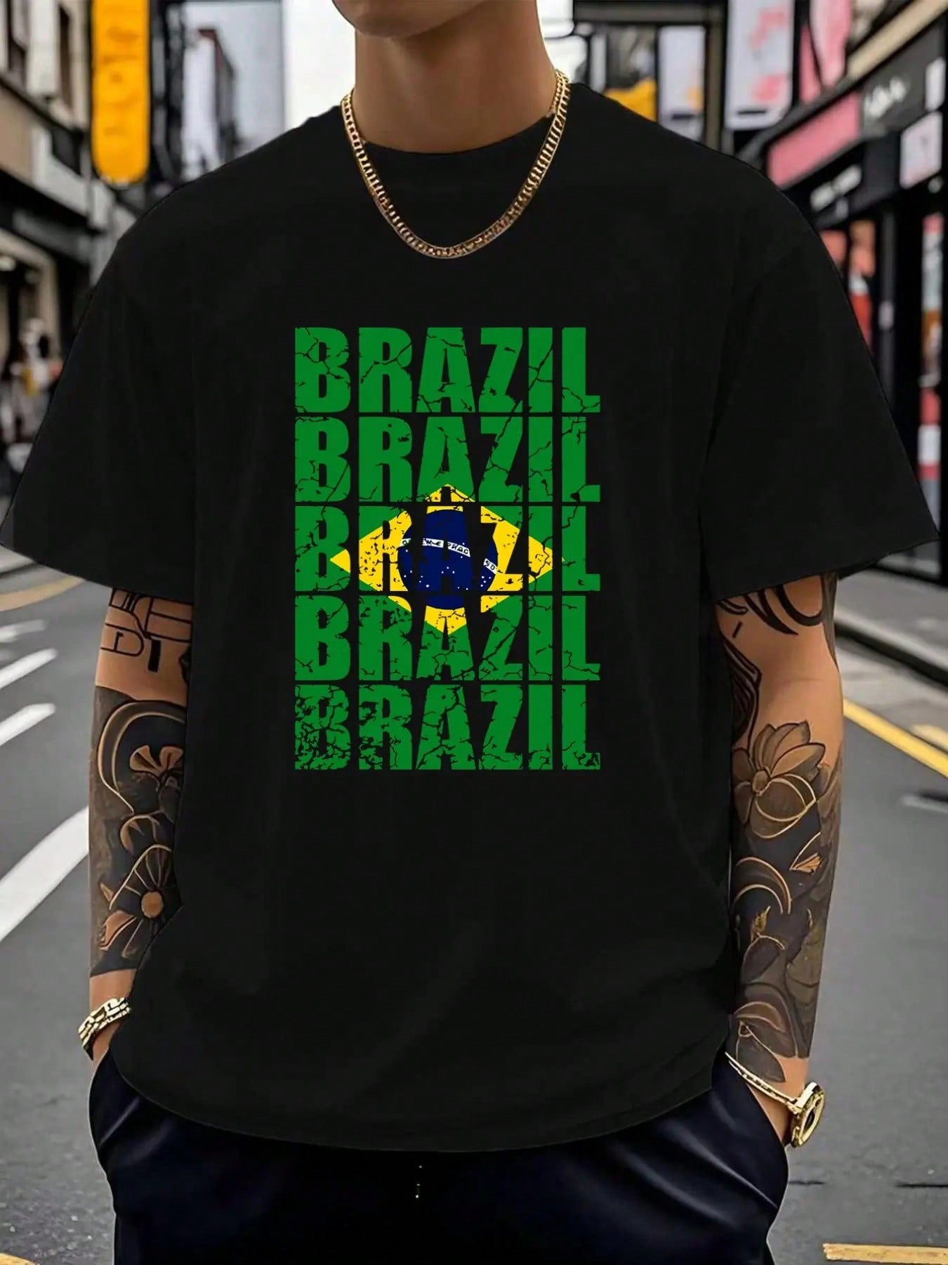 Brazil Flag Letter Print Short Sleeve Men's Loose Fit Casual T-Shirt, Summer Fashion Top For Brazil Fans, Comfortable And Stylish