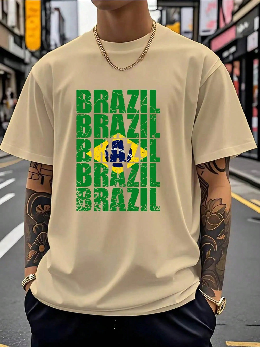 Brazil Flag Letter Print Short Sleeve Men's Loose Fit Casual T-Shirt, Summer Fashion Top For Brazil Fans, Comfortable And Stylish